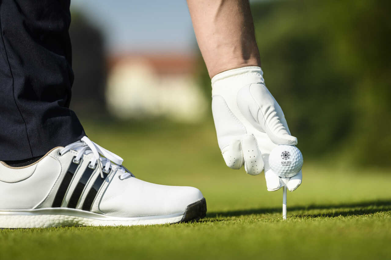 Ein Schuh und ein Golfhandschuh mit einem Ball mit einem Logo des Golfhotel SCHLOSS Fleesensee.