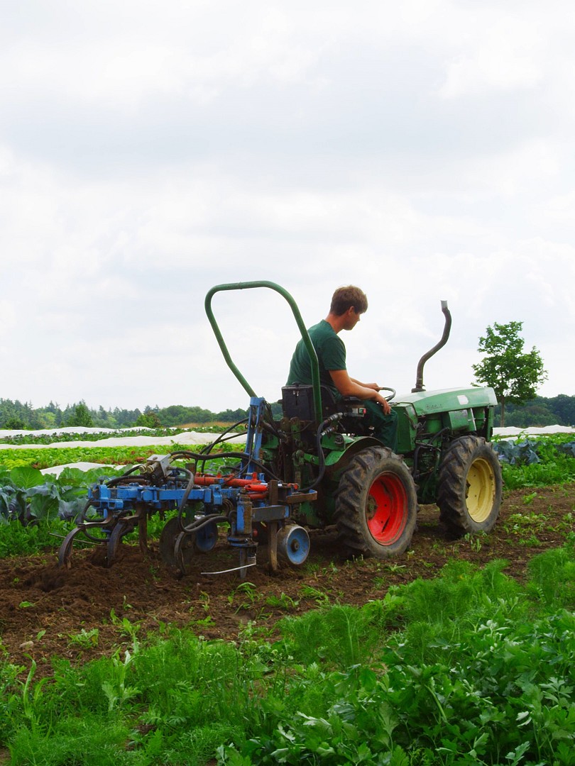 Traktor auf dem Feld der hauseigenen Landwirtschaft Schloss Fleesensee.