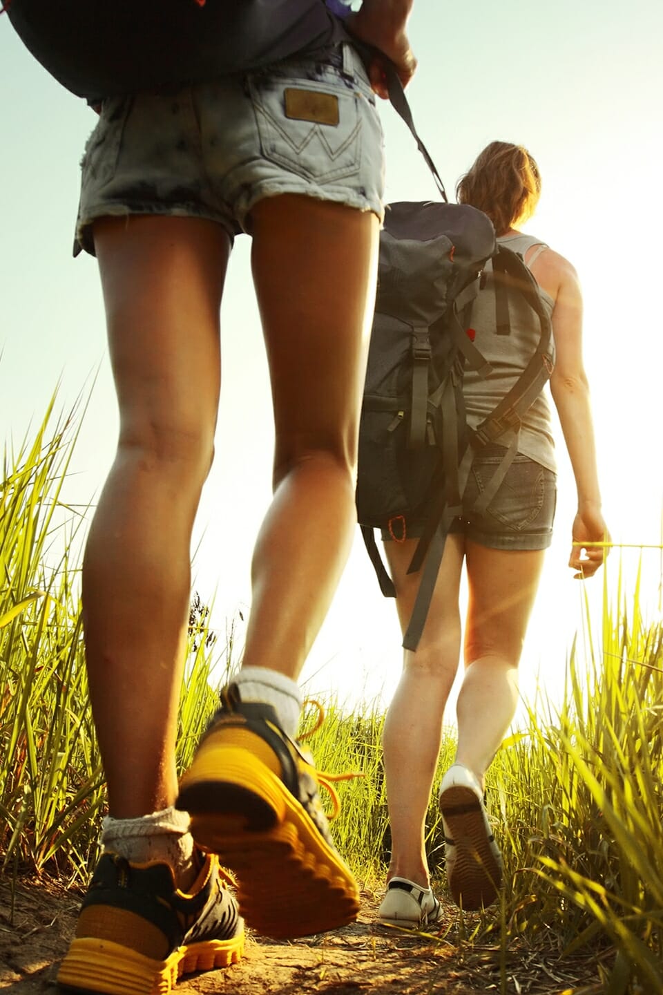 Zwei Frauen wandern auf einer Wiese mit hohem Gras.