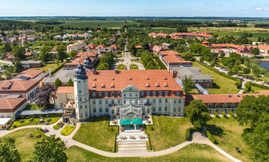 Die Rückseite des Schloss Fleesensee im Sommer von oben.