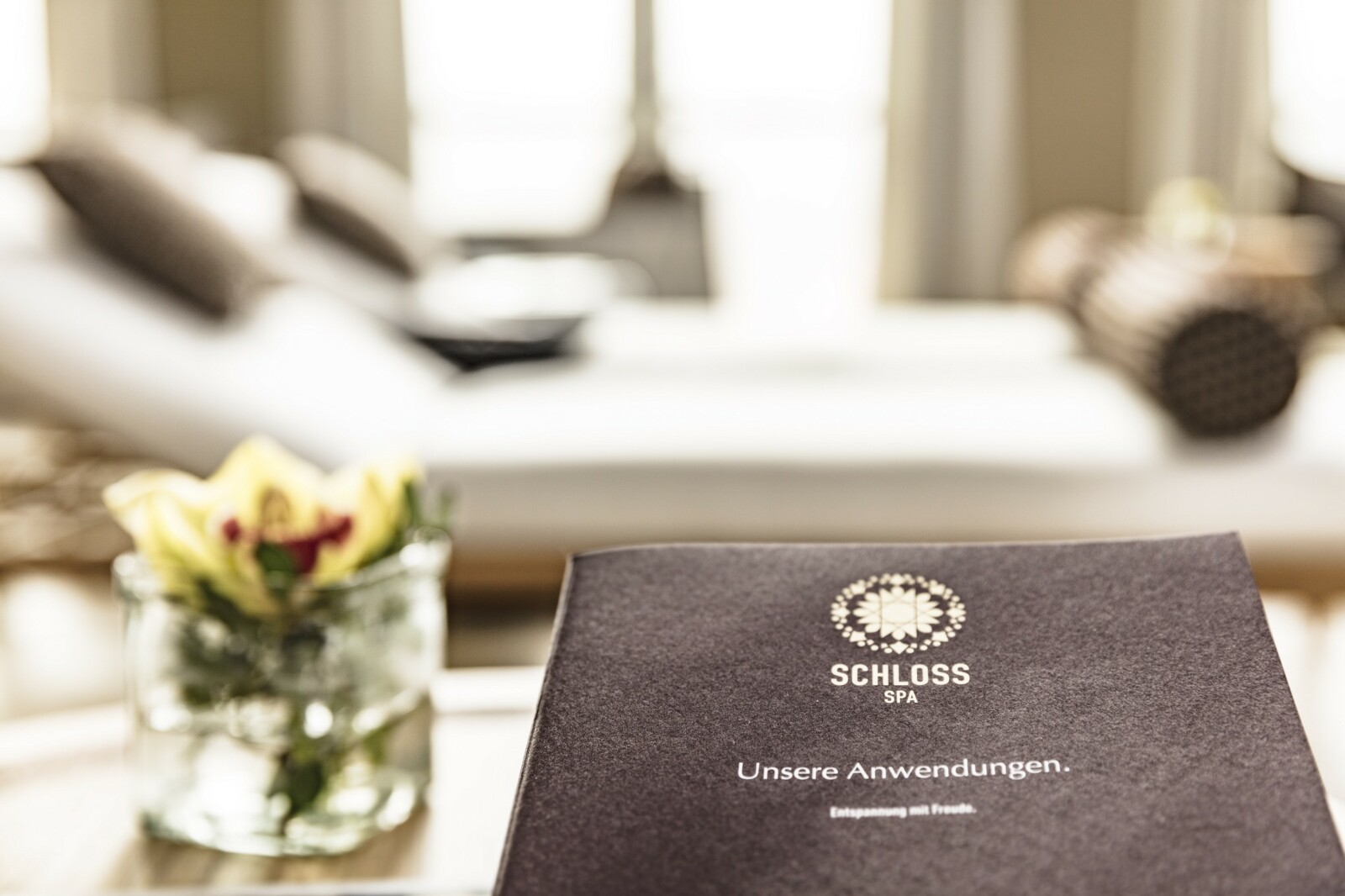 Broschüre mit den Spa-Anwendungen, Ayuveda und Signature-Massagen des Schloss Spa.