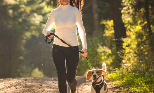 Eine Frau geht mit ihrem Hund im Wald joggen.