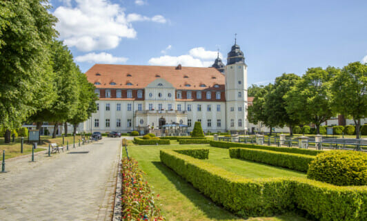 Die Auffahrt des Schloss Fleesensee mit Zierhecken und gesäumt von Bäumen.