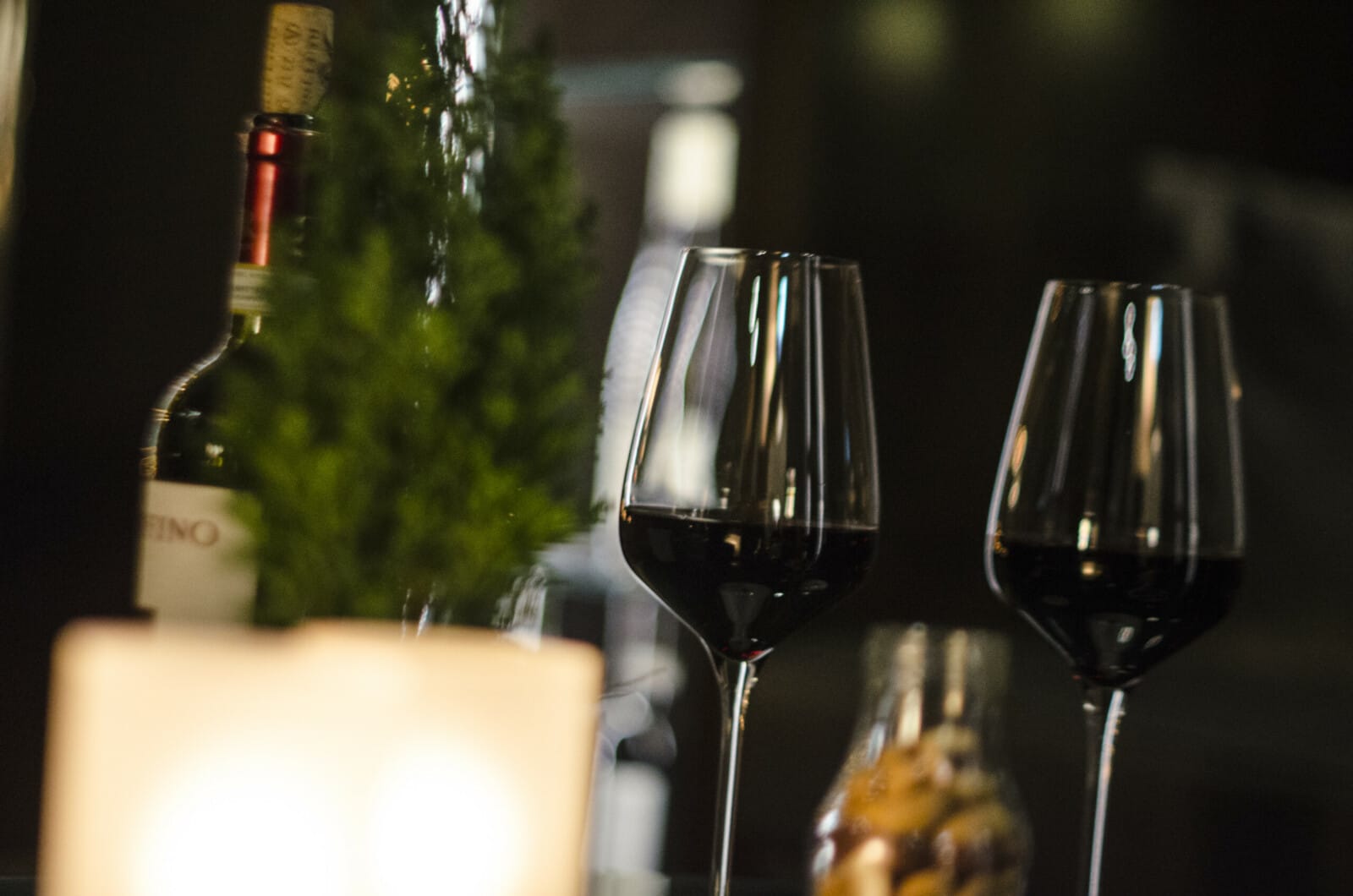 Rotweingläser hinter einer Tannendekoration.