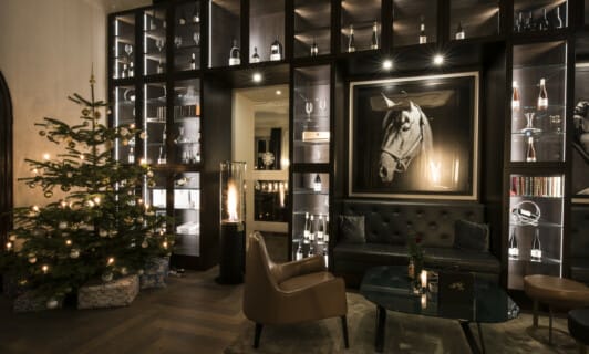 Eine hohe Glasvitrine, davor eine Sitzecke und ein Weihnachtsbaum.