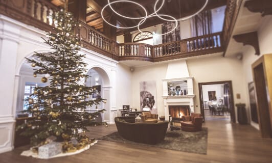 Der Weihnachtsbaum in der Lobby des Schlosshotels Fleesensee.