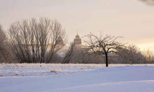 Eine Winterlandschaft mit Blick auf das Schloss Fleesensee.